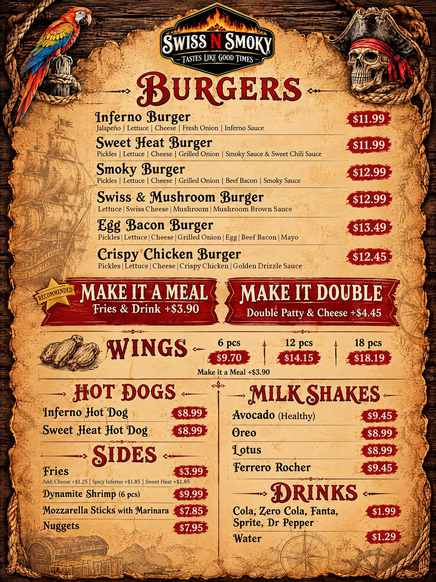 Swiss N Smoky menu board, full size